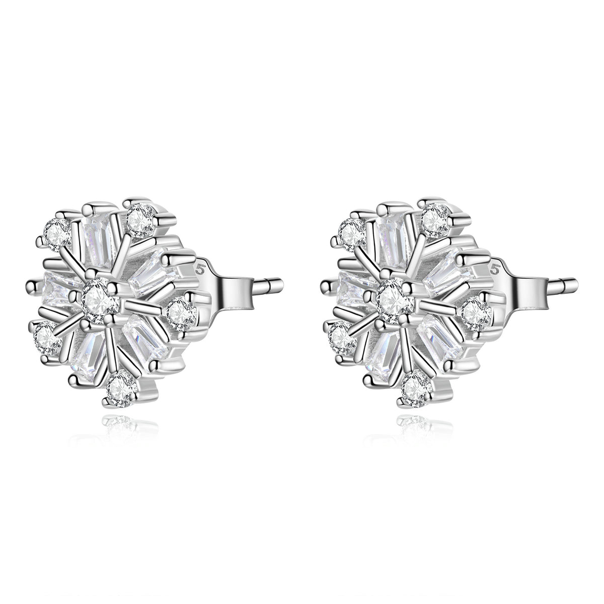 Pair of silver earrings with clear gemstones on a white background