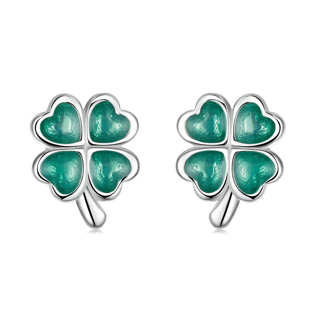 Pair of four-leaf clover earrings with green gemstones on a white background