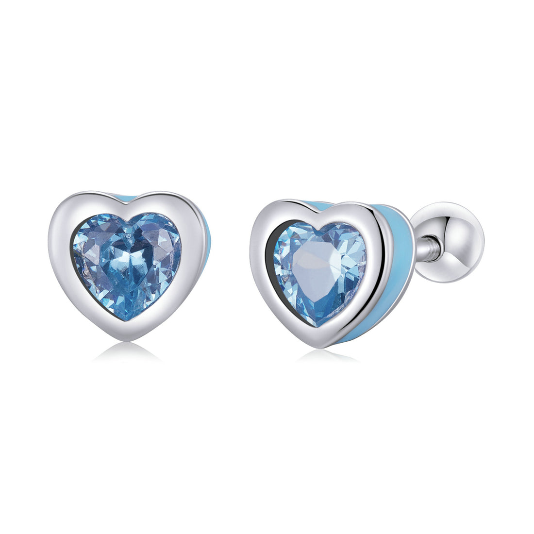 Heart-shaped earrings with blue gemstones on a white background
