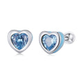 Heart-shaped earrings with blue gemstones on a white background