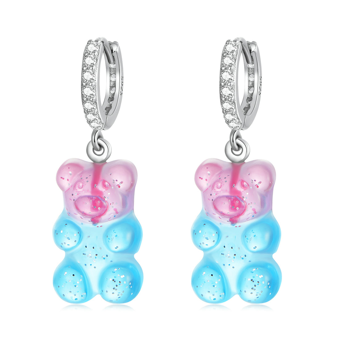 Gummy bear-shaped earrings with blue bodies and pink cheeks on a white background