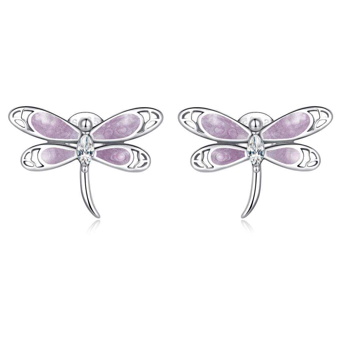 Pair of dragonfly-shaped earrings with pink and silver design on a white background