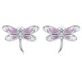 Pair of dragonfly-shaped earrings with pink and silver design on a white background
