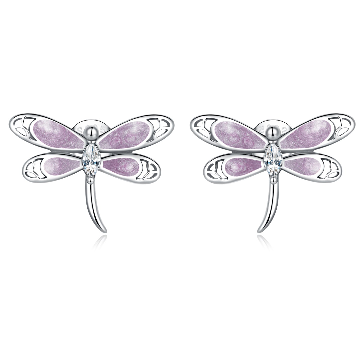 Pair of dragonfly-shaped earrings with pink and silver design on a white background