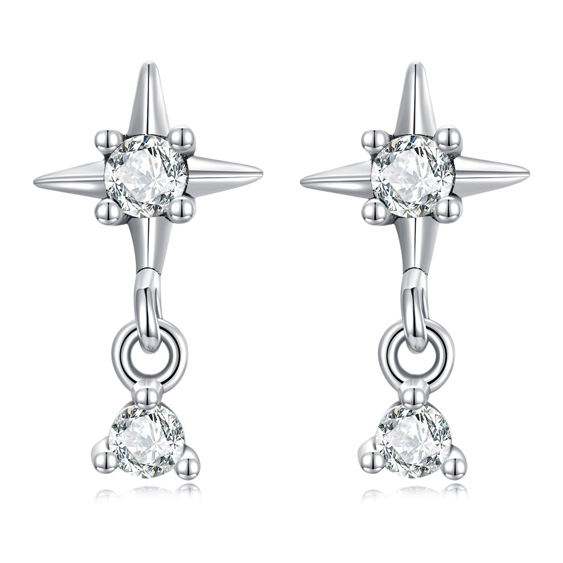 Silver earrings with star design and clear gemstones on a white background