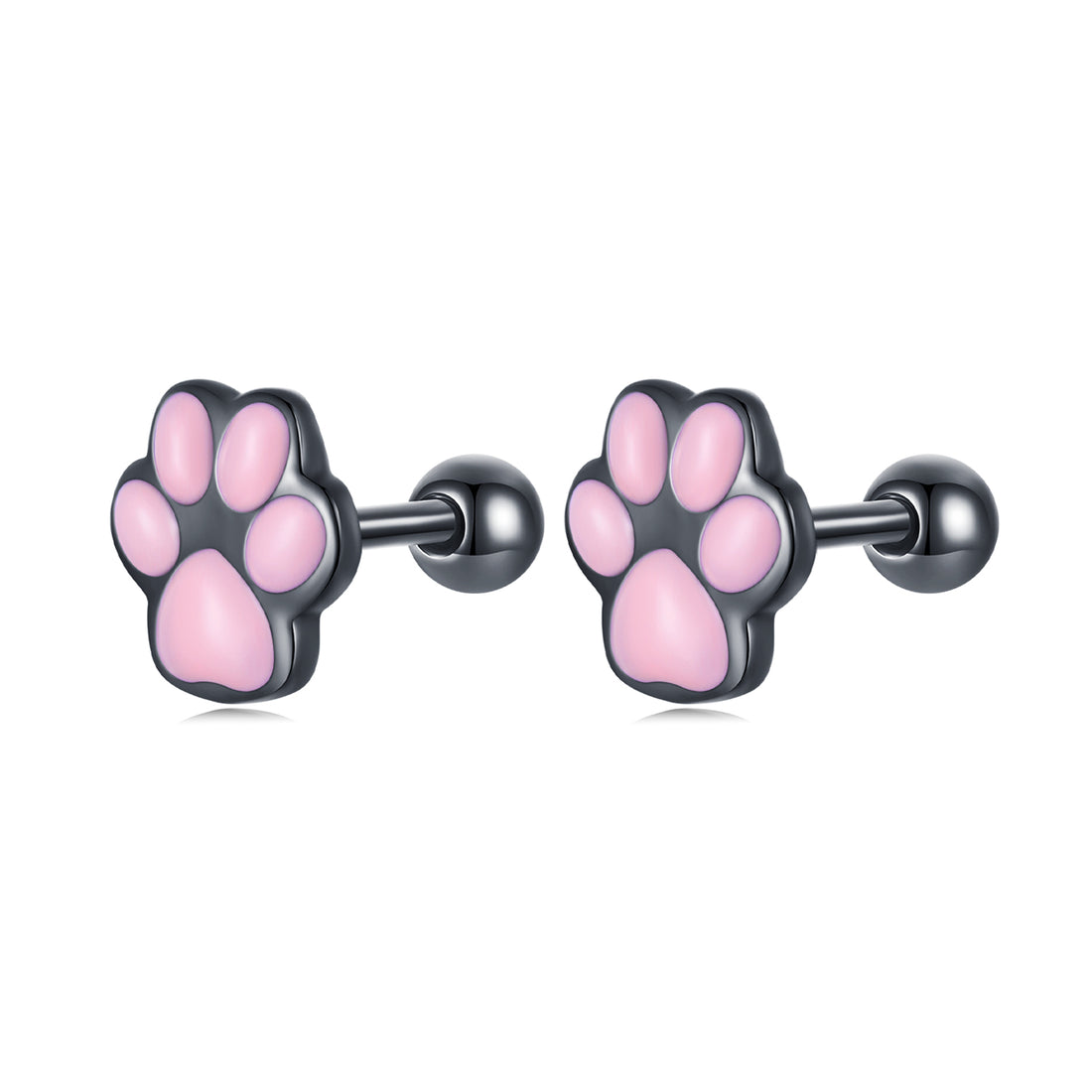 Pair of pink paw print earrings on a white background