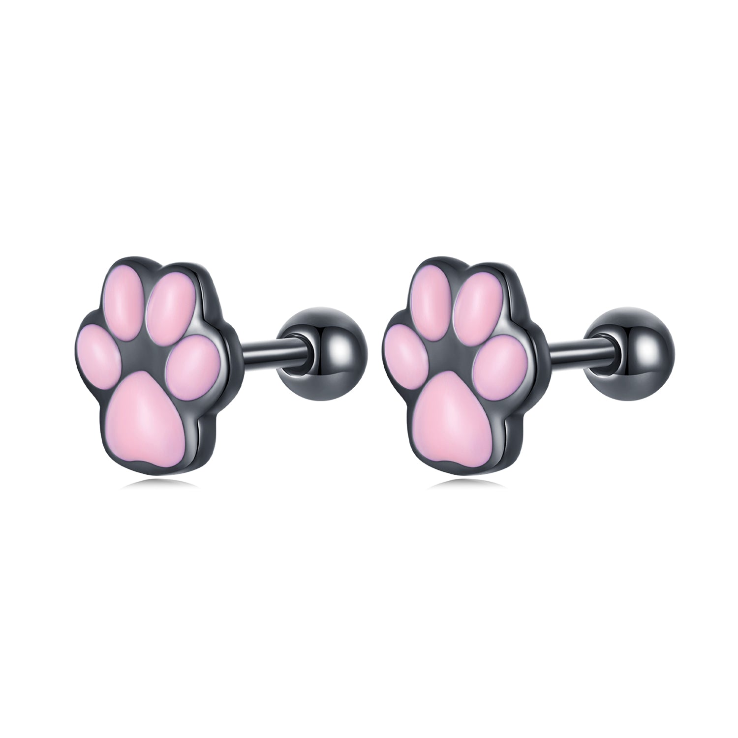 Pair of pink paw print earrings on a white background