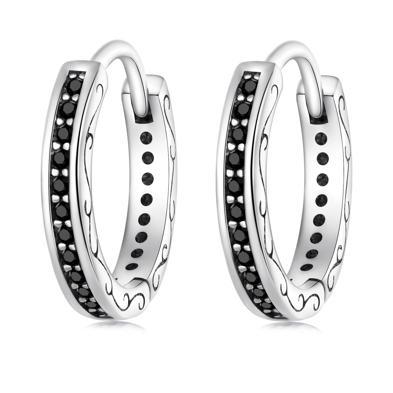 Pair of silver hoop earrings with black gemstones on a white background