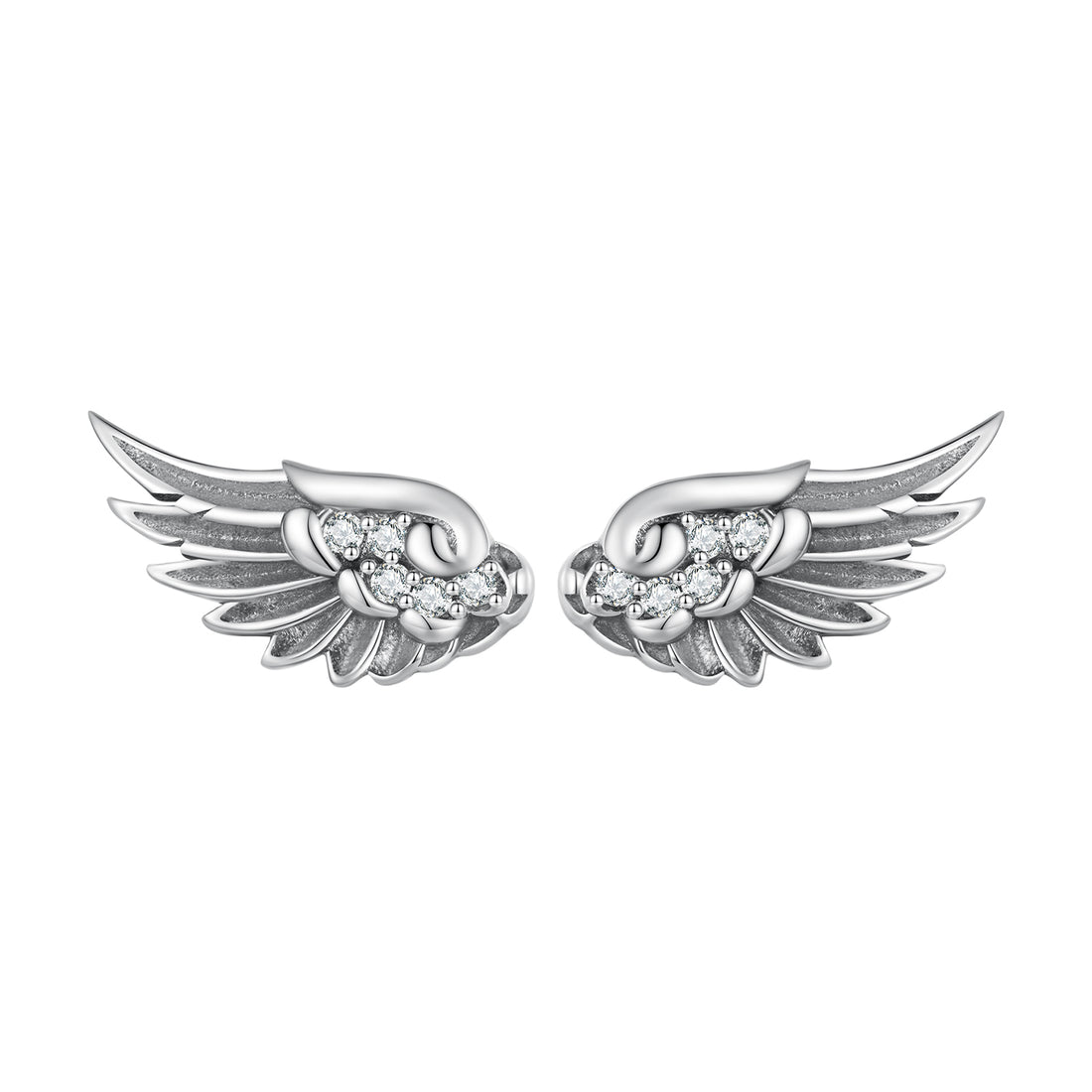 Silver wing-shaped earrings with gemstones on a white background