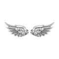 Silver wing-shaped earrings with gemstones on a white background