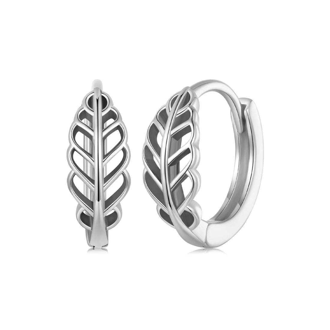 Silver leaf-shaped hoop earrings on a white background