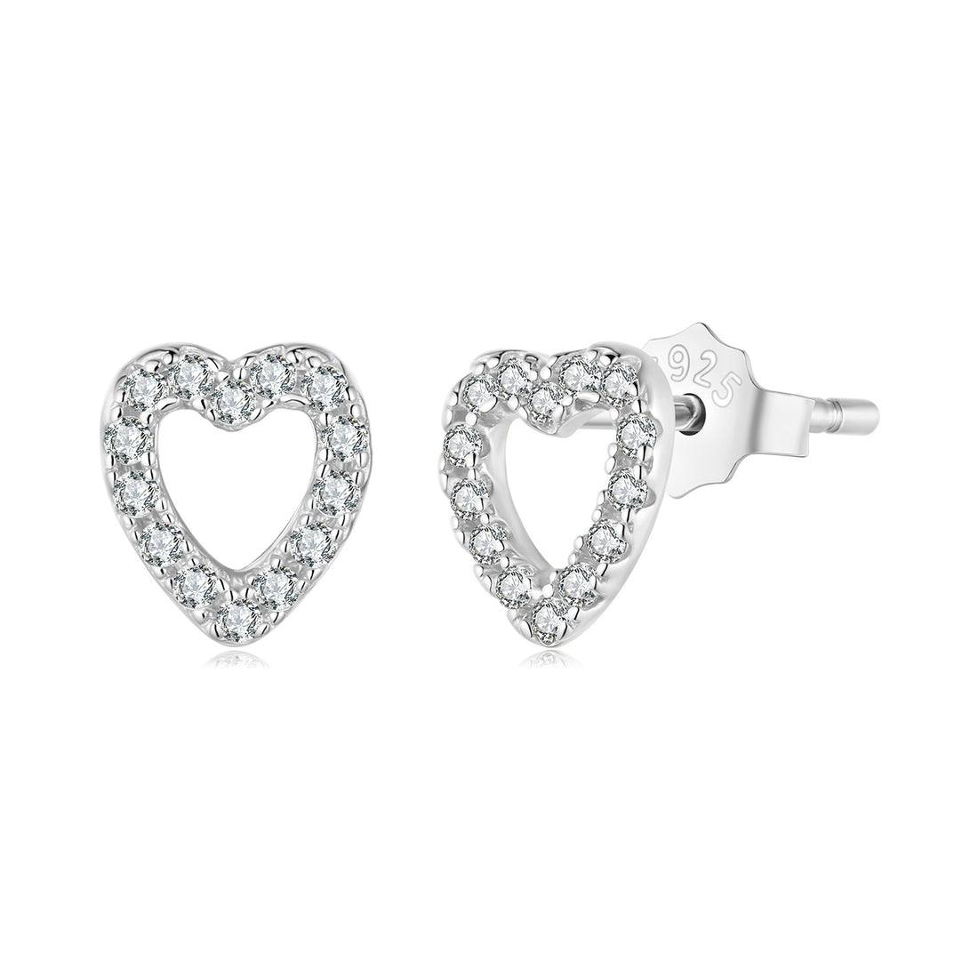 Heart-shaped silver earrings with clear stones on a white background