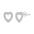Heart-shaped silver earrings with clear stones on a white background