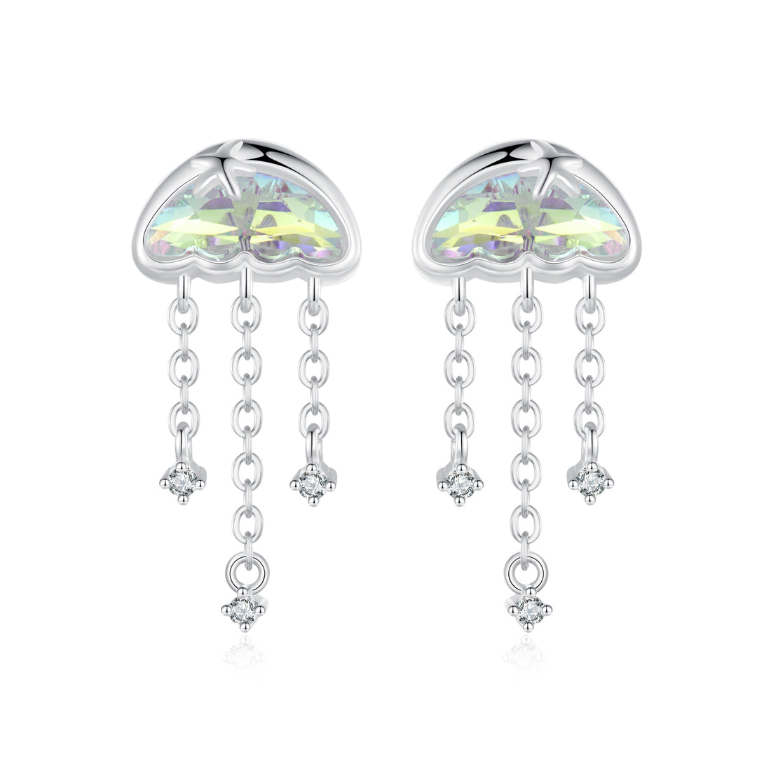 Heart-shaped cloud earrings with dangling crystals on a white background
