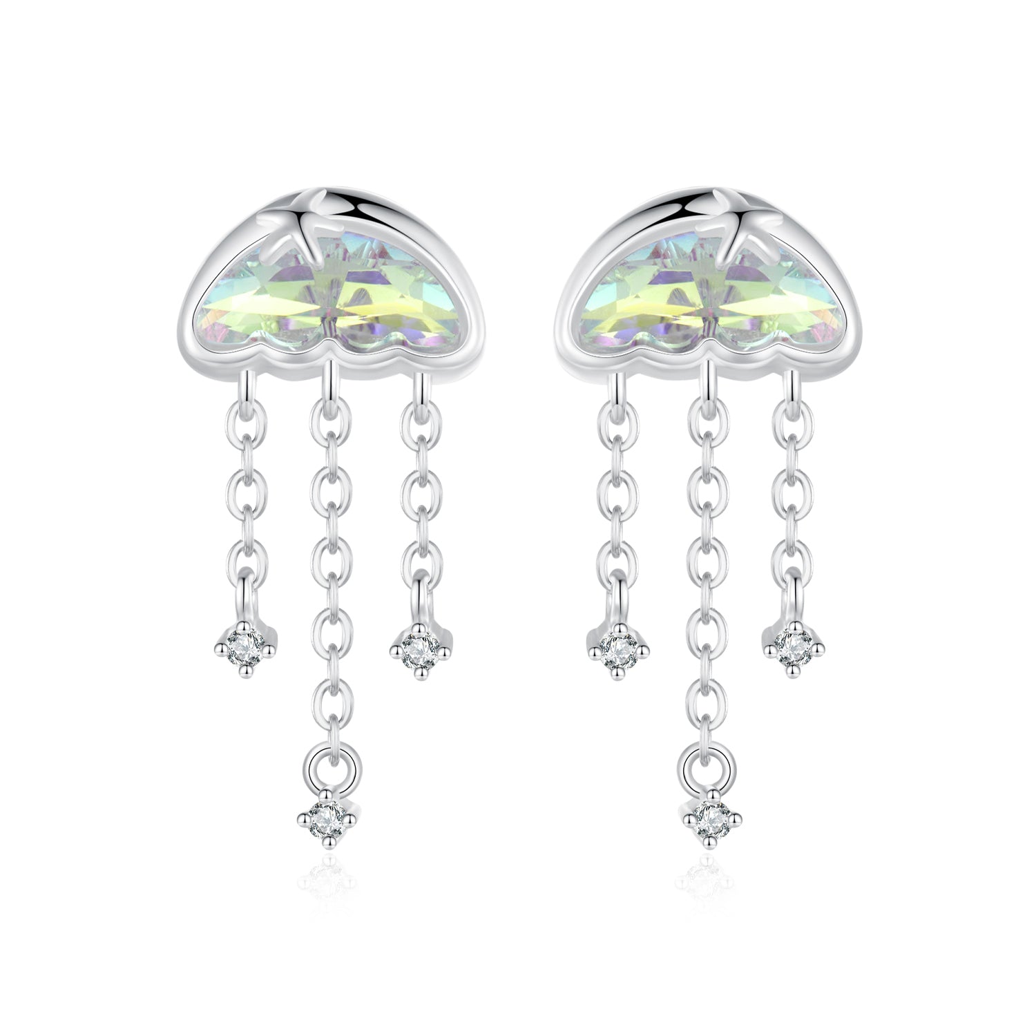 Heart-shaped cloud earrings with dangling crystals on a white background