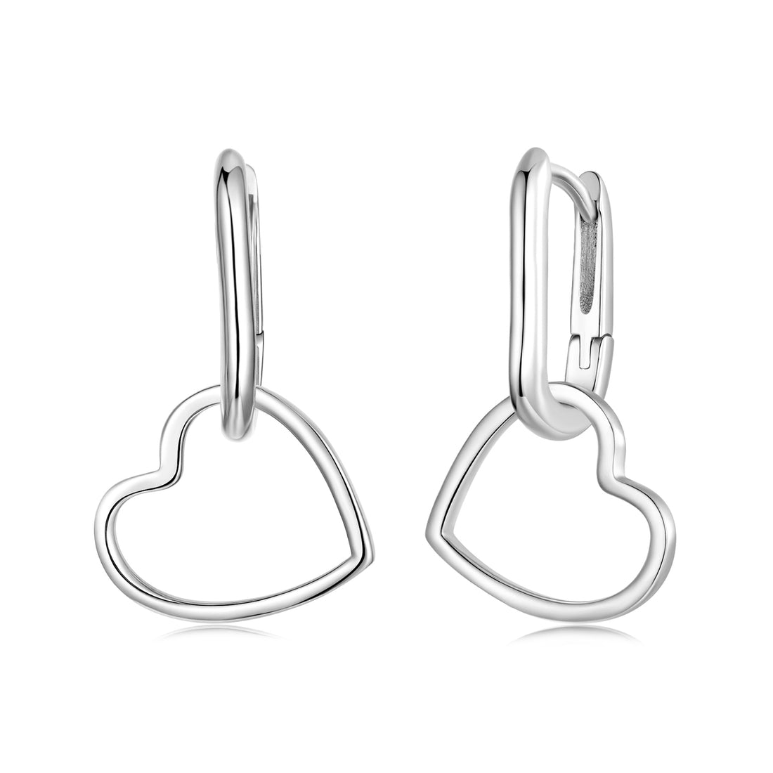 Heart-shaped silver earrings on a white background