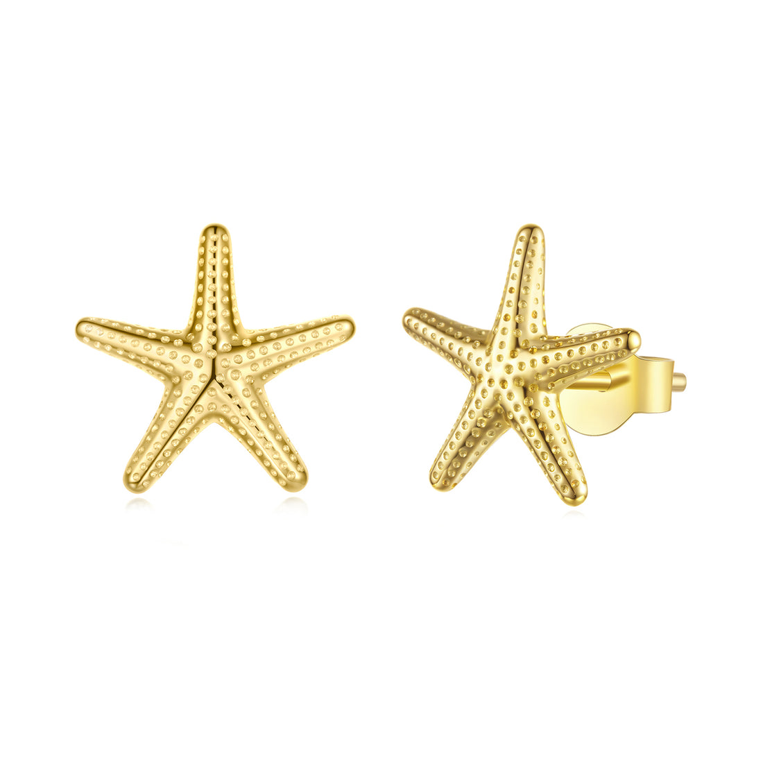 Gold starfish earrings on a white background