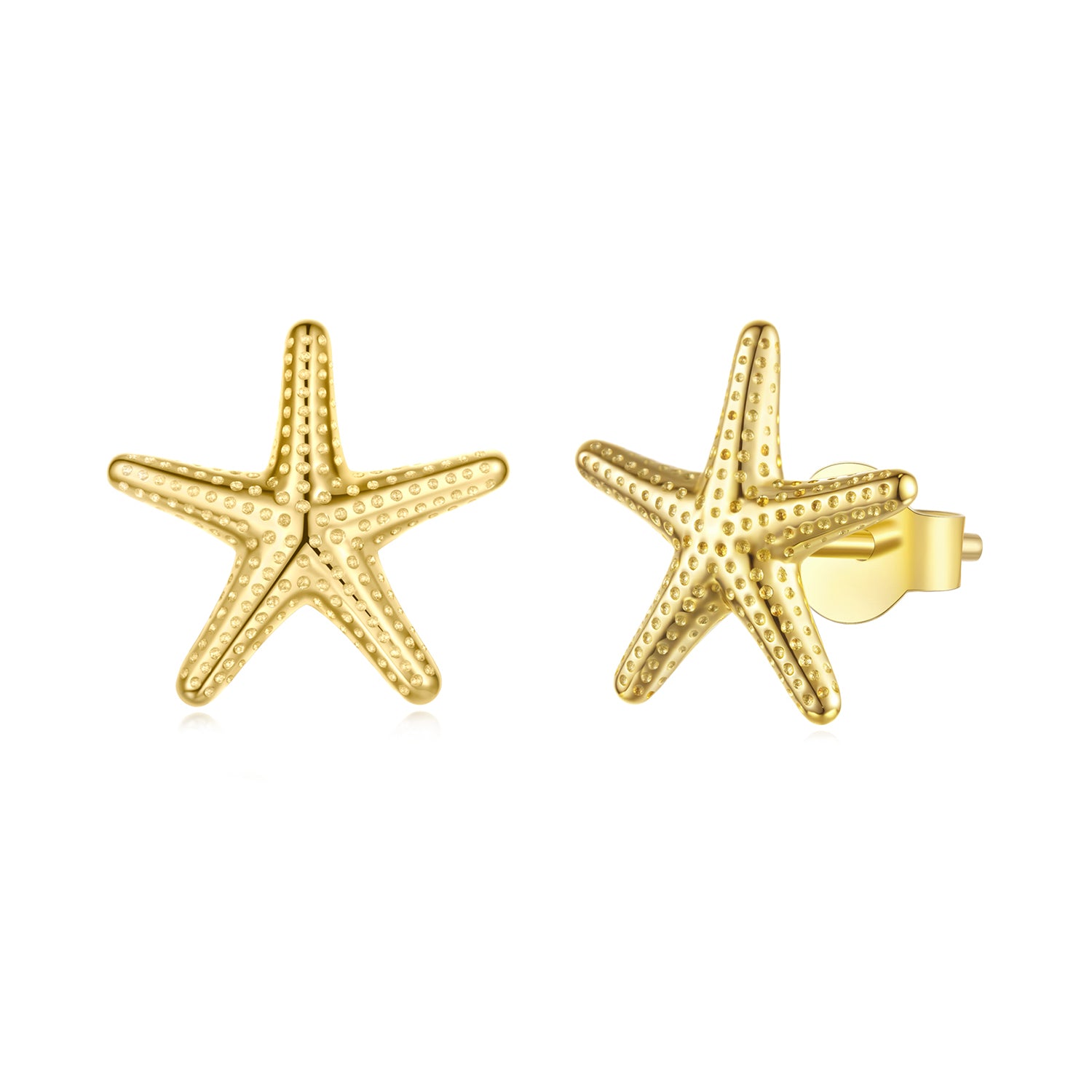 Gold starfish earrings on a white background