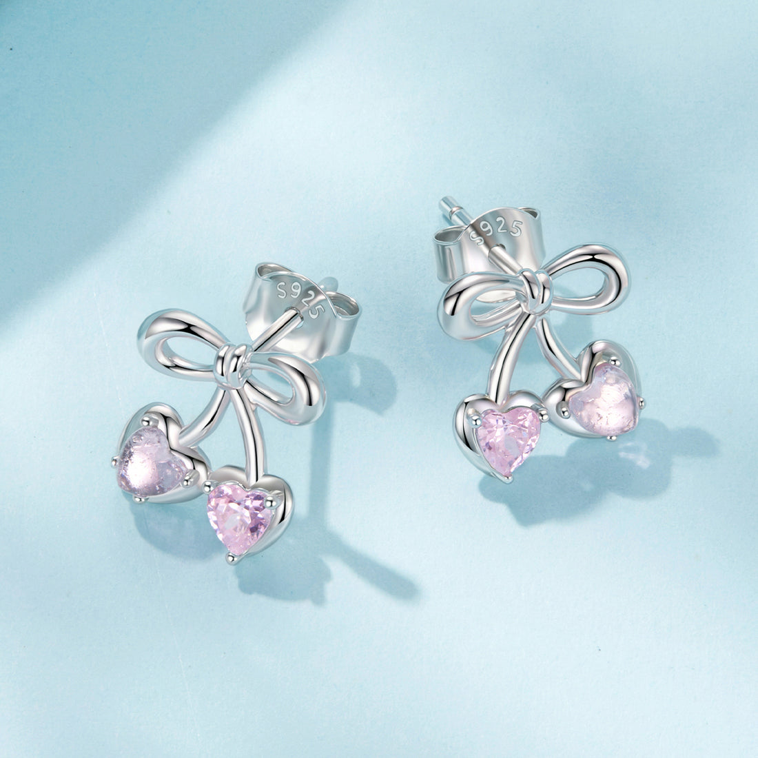 Pink Bow Heart Stud Earrings