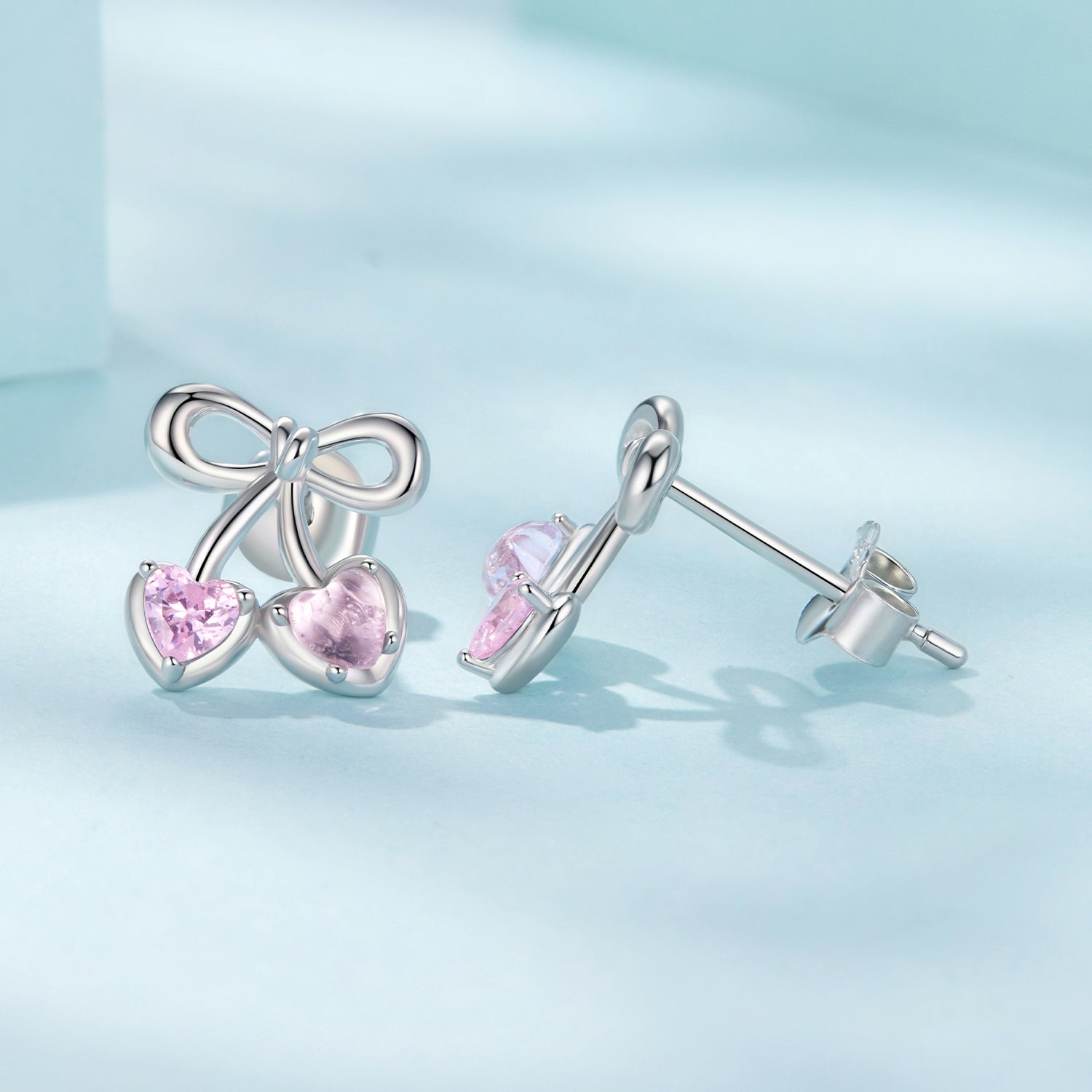 Pink Bow Heart Stud Earrings