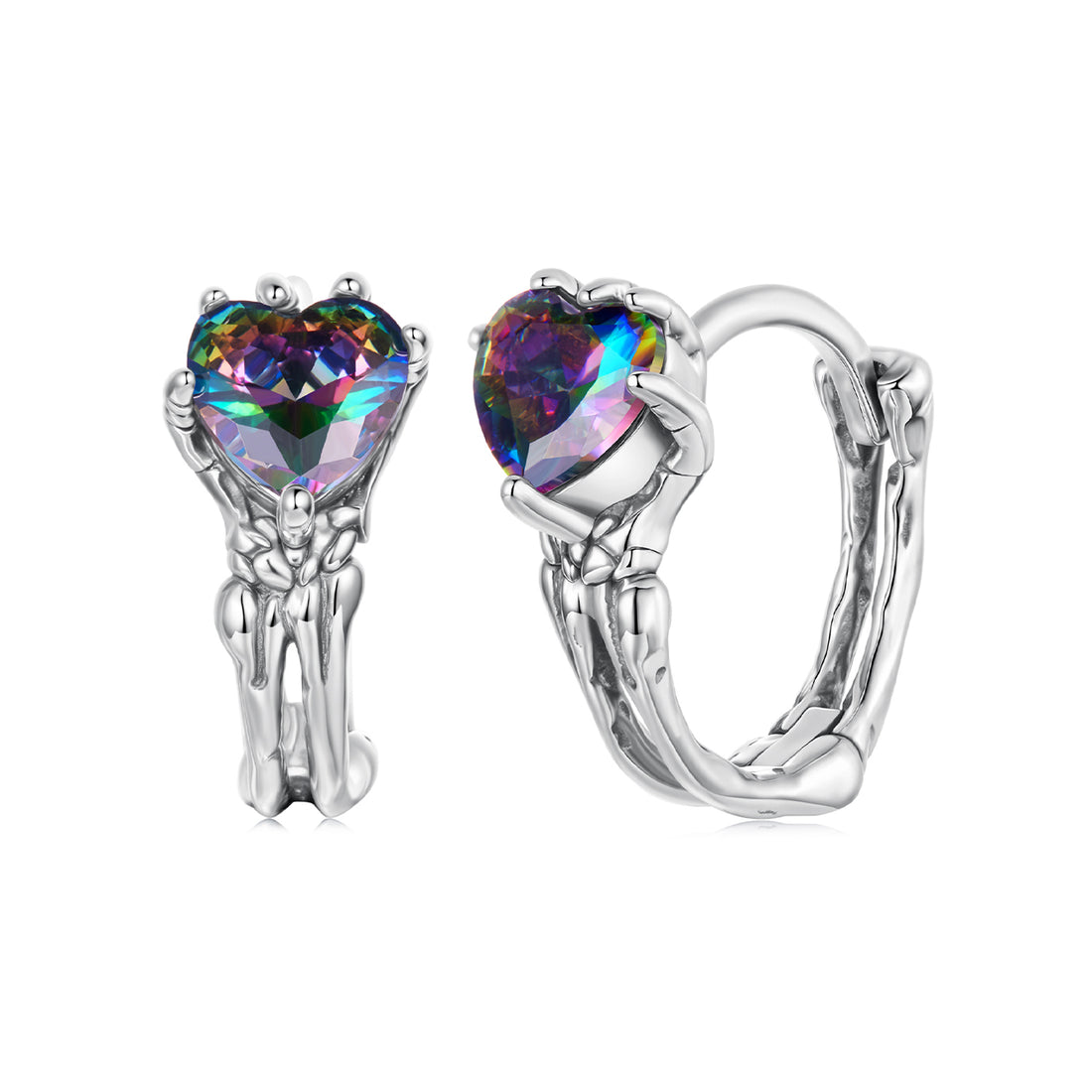 Pair of silver hoop earrings with heart-shaped multicolored gemstones on a white background