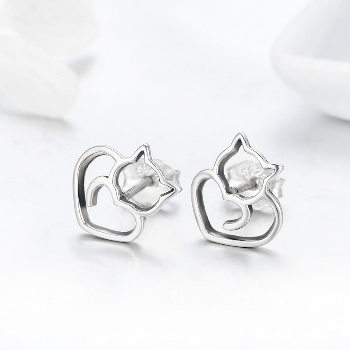 Cat Heart Outline Stud Earrings