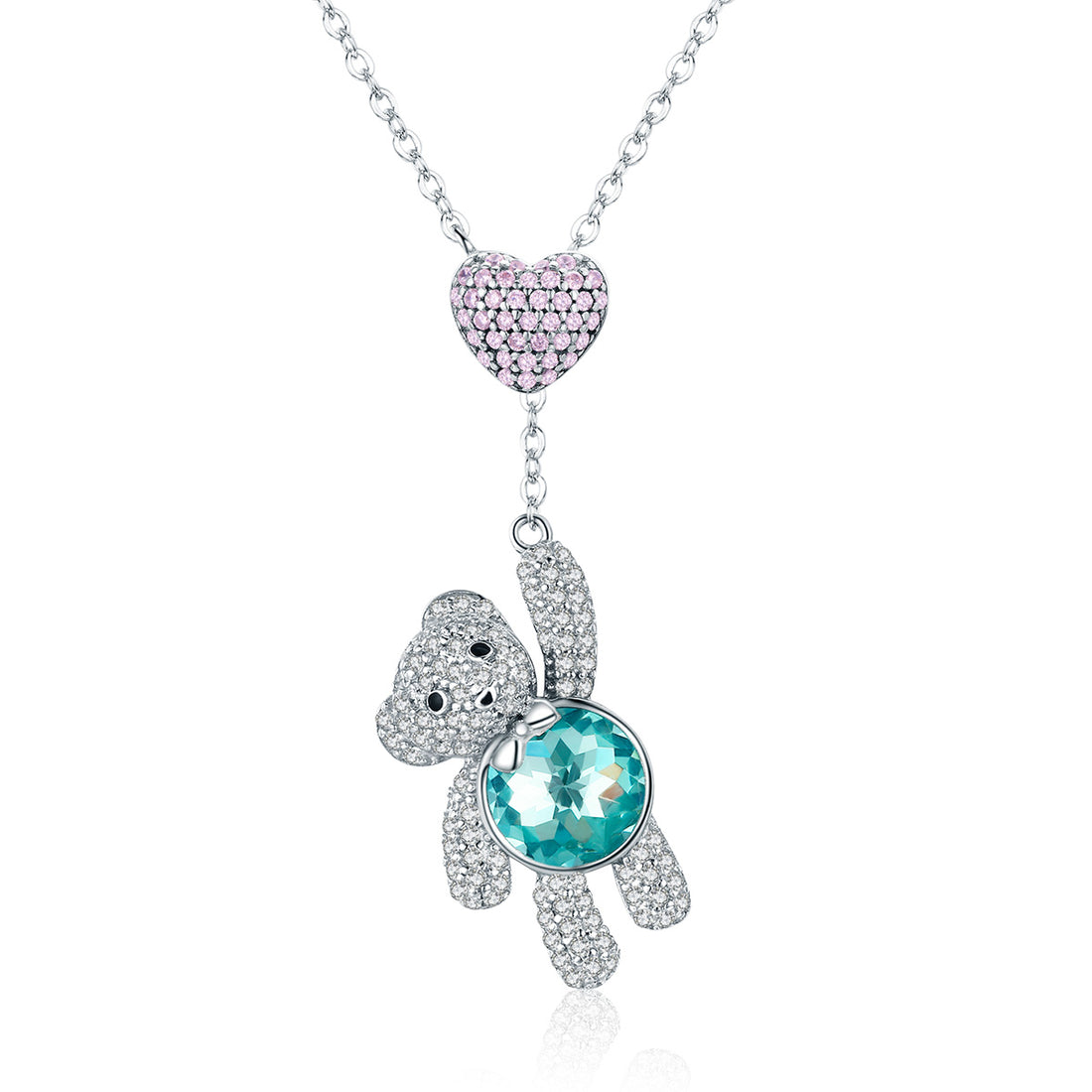 Necklace with a teddy bear pendant featuring a blue gemstone on a white background