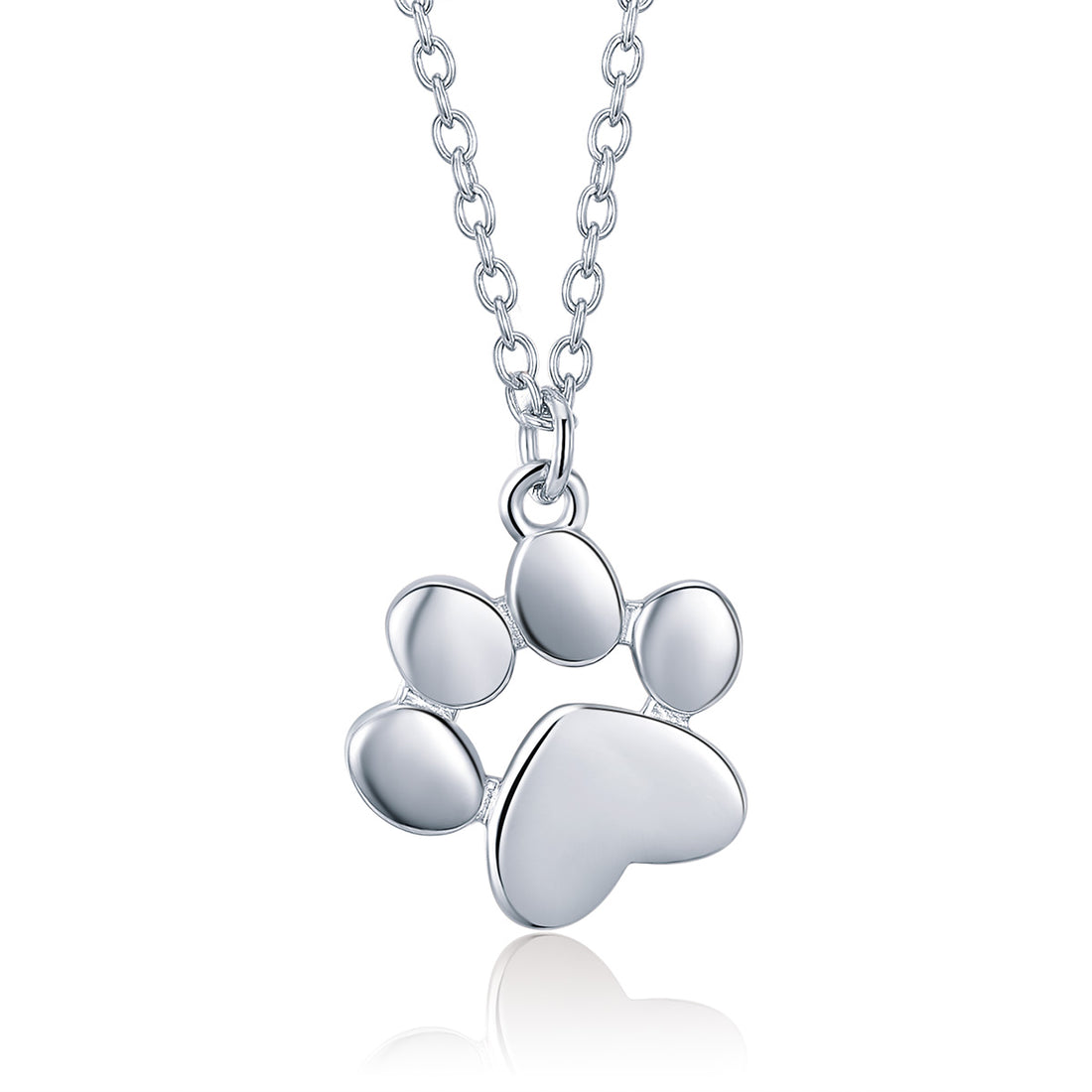 Silver paw print necklace on a white background