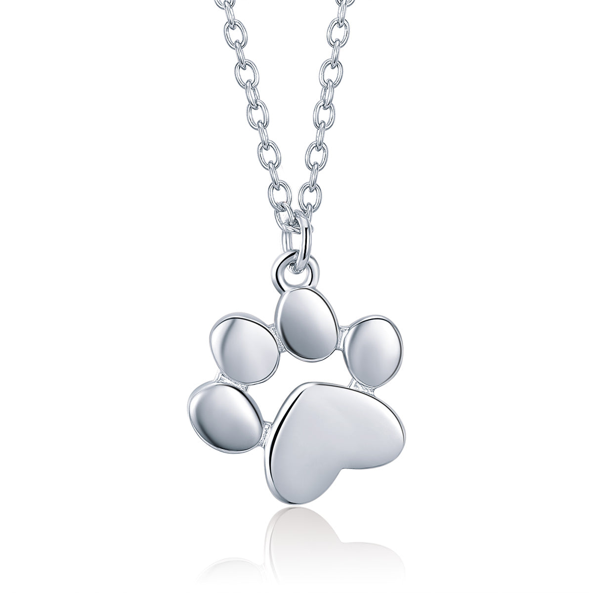 Silver paw print necklace on a white background