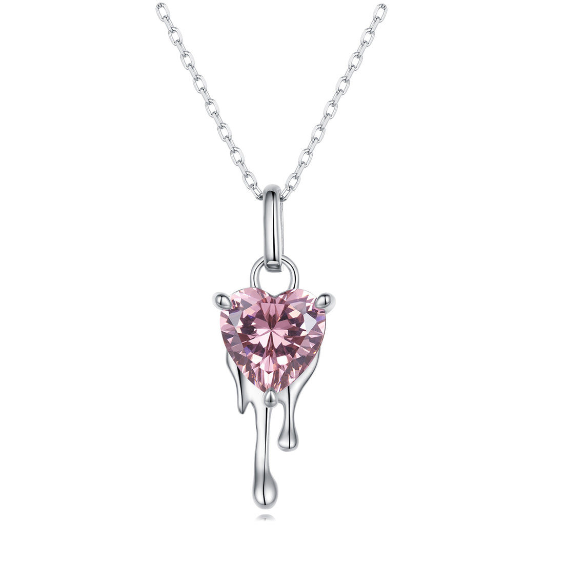 Heart-shaped pink gemstone pendant on a white background