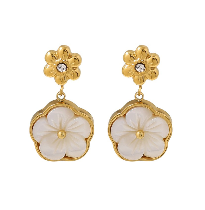 White Enamel Flower Drop Earrings