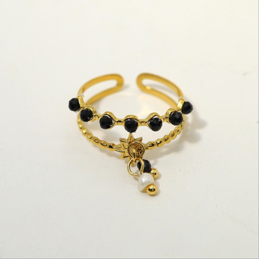 Black Bead Charm Crown Ring-18mm