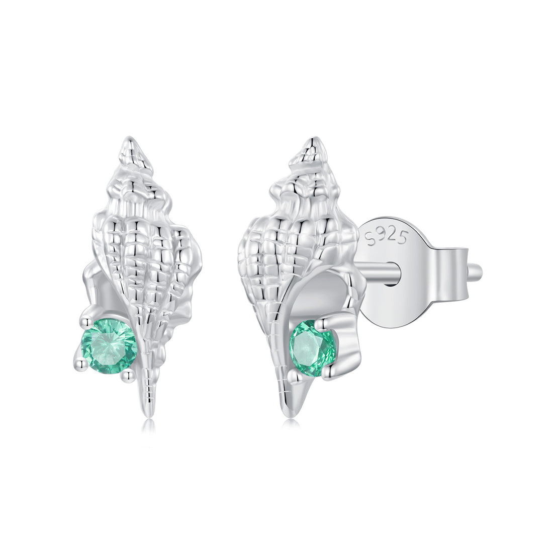 Silver shell earrings with green gemstones on a white background