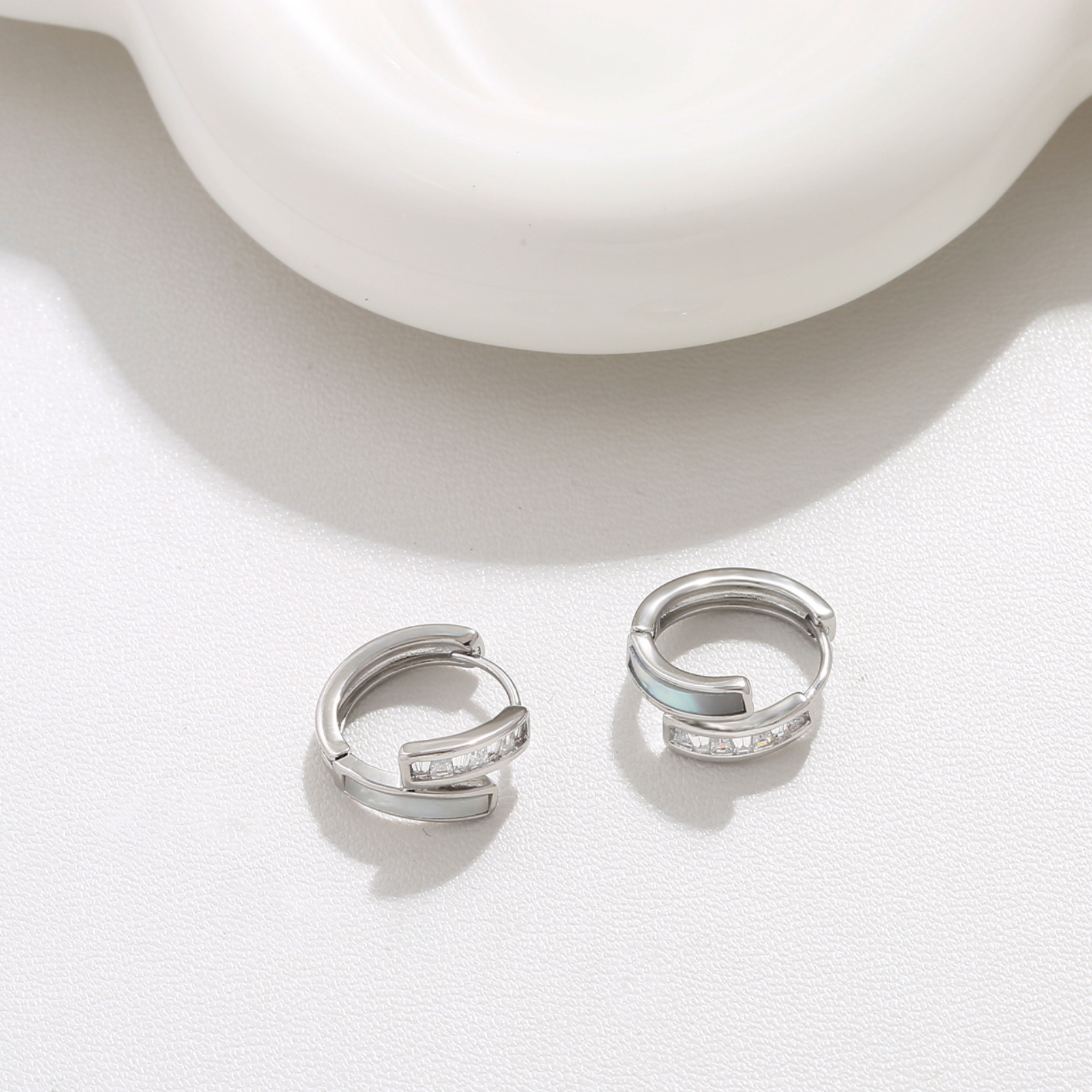 Pearl and Crystal Silver Huggie Earrings