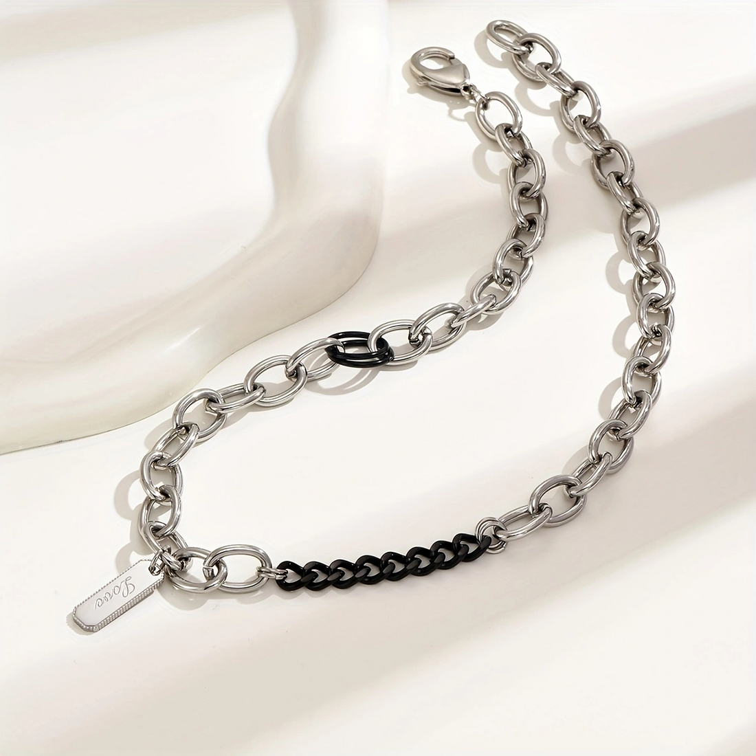 Silver Link & Black Bar Necklace