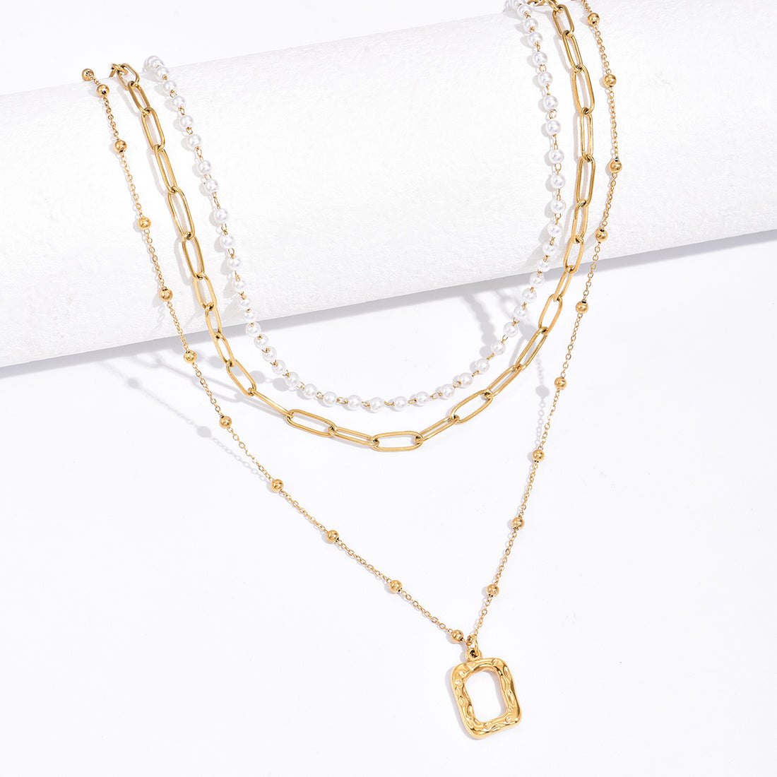 Layered Pearl & Rectangle Pendant Necklace