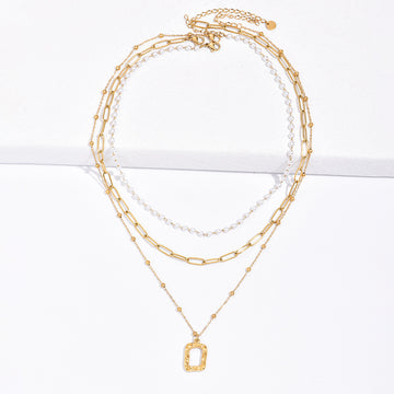 Layered Pearl & Rectangle Pendant Necklace