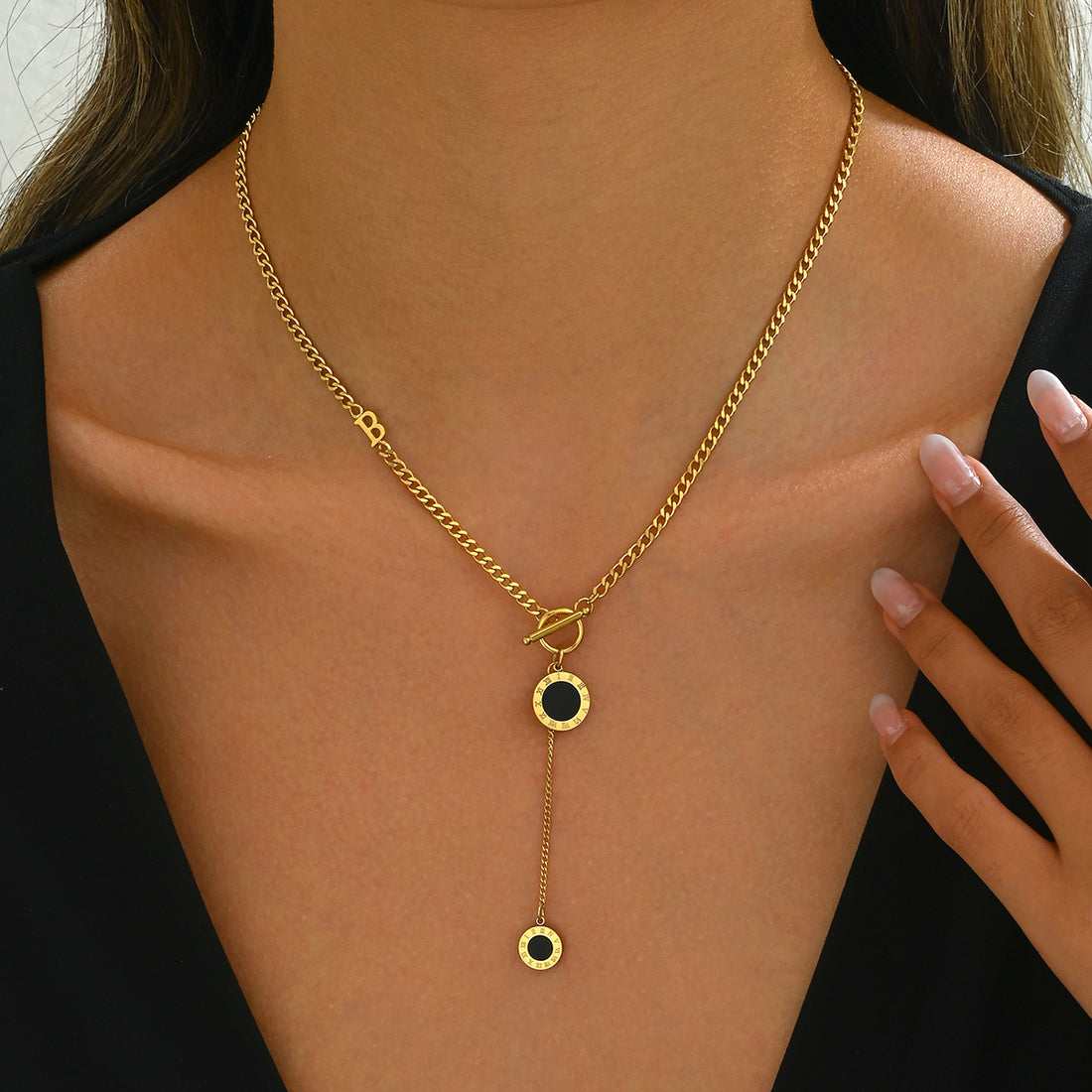 Black Enamel Double Pendant Lariat Necklace